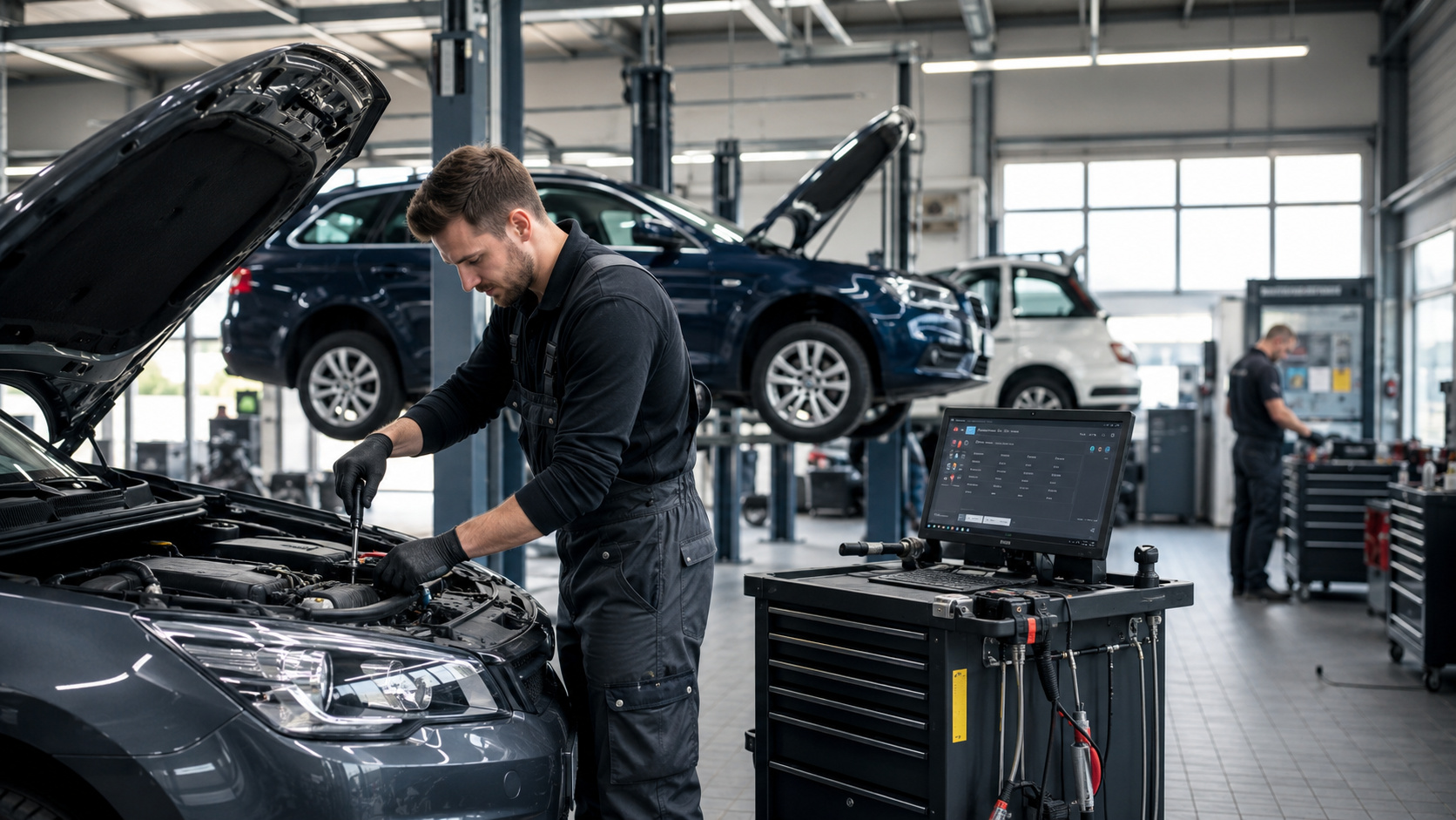 Mechaniker in schwarzer Arbeitskleidung arbeitet an geöffnetem Motorraum eines grauen Autos in moderner Werkstatt mit mehreren Fahrzeugen und Diagnosegerät auf Werkstattwagen