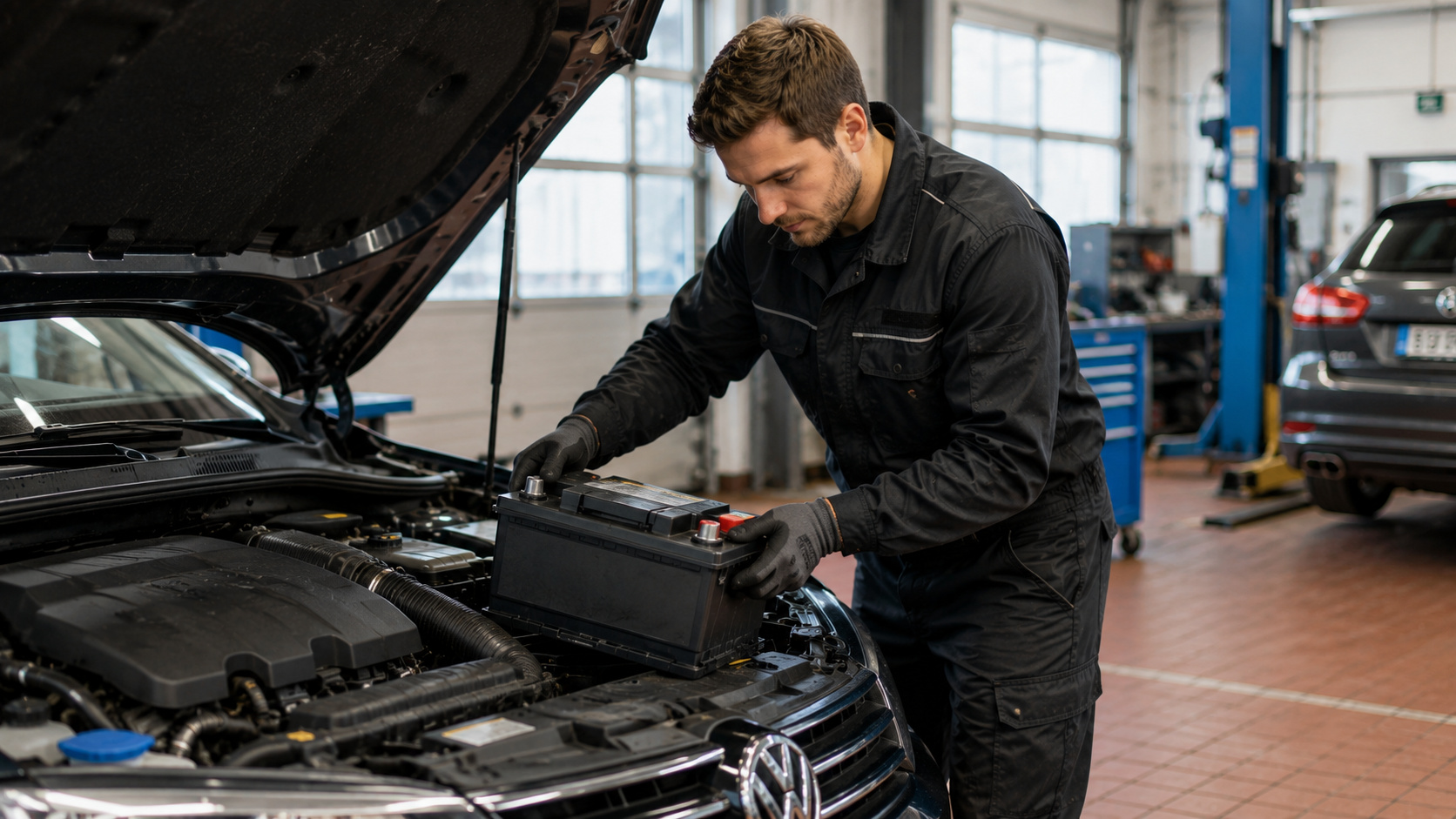 Mechaniker mit schwarzer Arbeitskleidung wechselt Autobatterie in einer Werkstatt mit geöffnetem Motorraum
