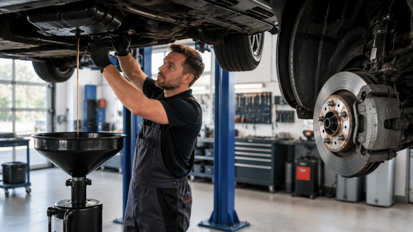 Mechaniker in schwarzer Arbeitskleidung wechselt Öl unter einem auf einer Hebebühne angehobenen Fahrzeug in einer Werkstatt mit sichtbarer Bremsanlage am Vorderreifen
