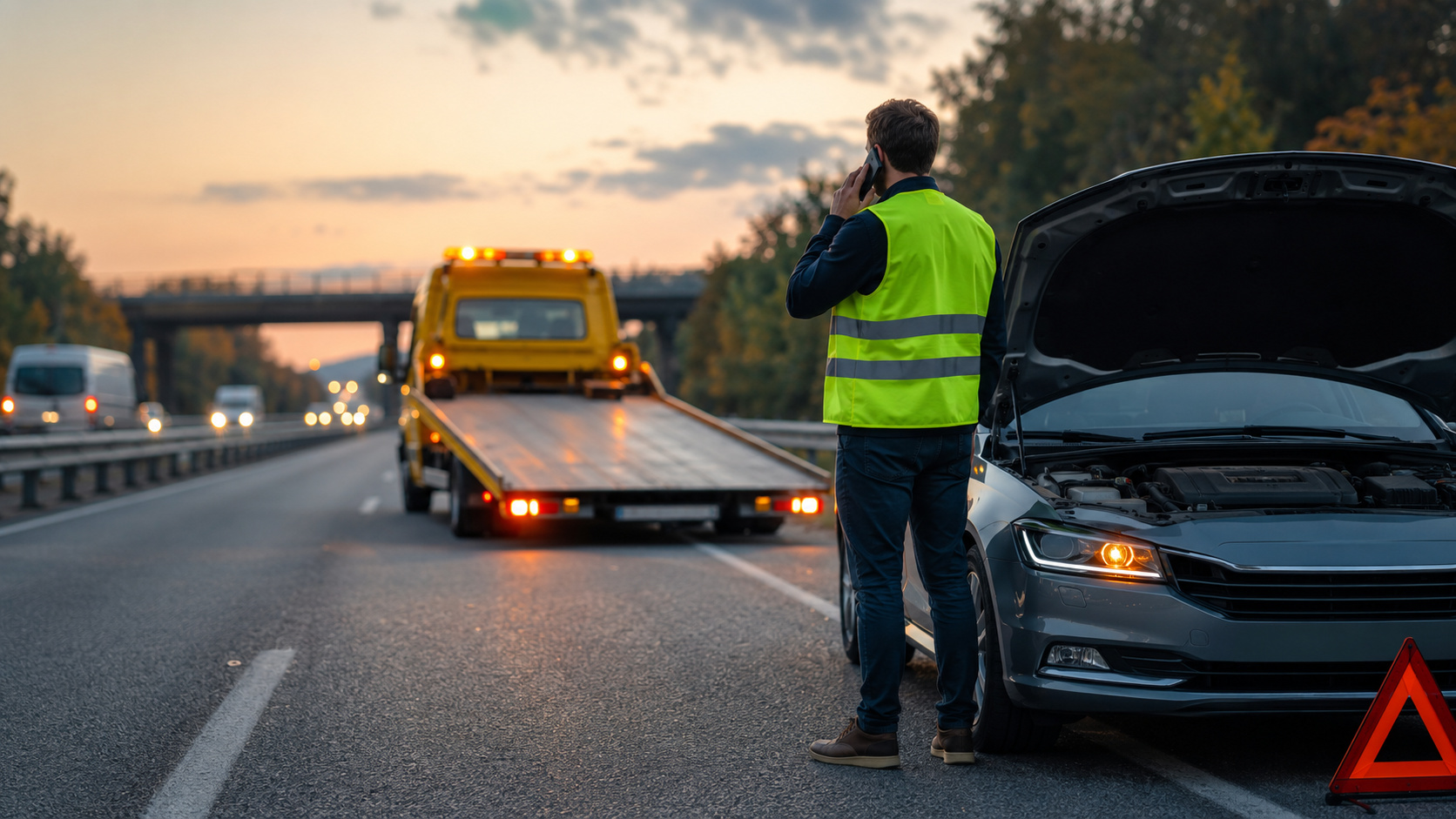 Mann mit Warnweste steht neben einem Auto mit geöffneter Motorhaube auf der Autobahn, im Hintergrund ein Abschleppwagen mit eingeschaltetem Warnlicht