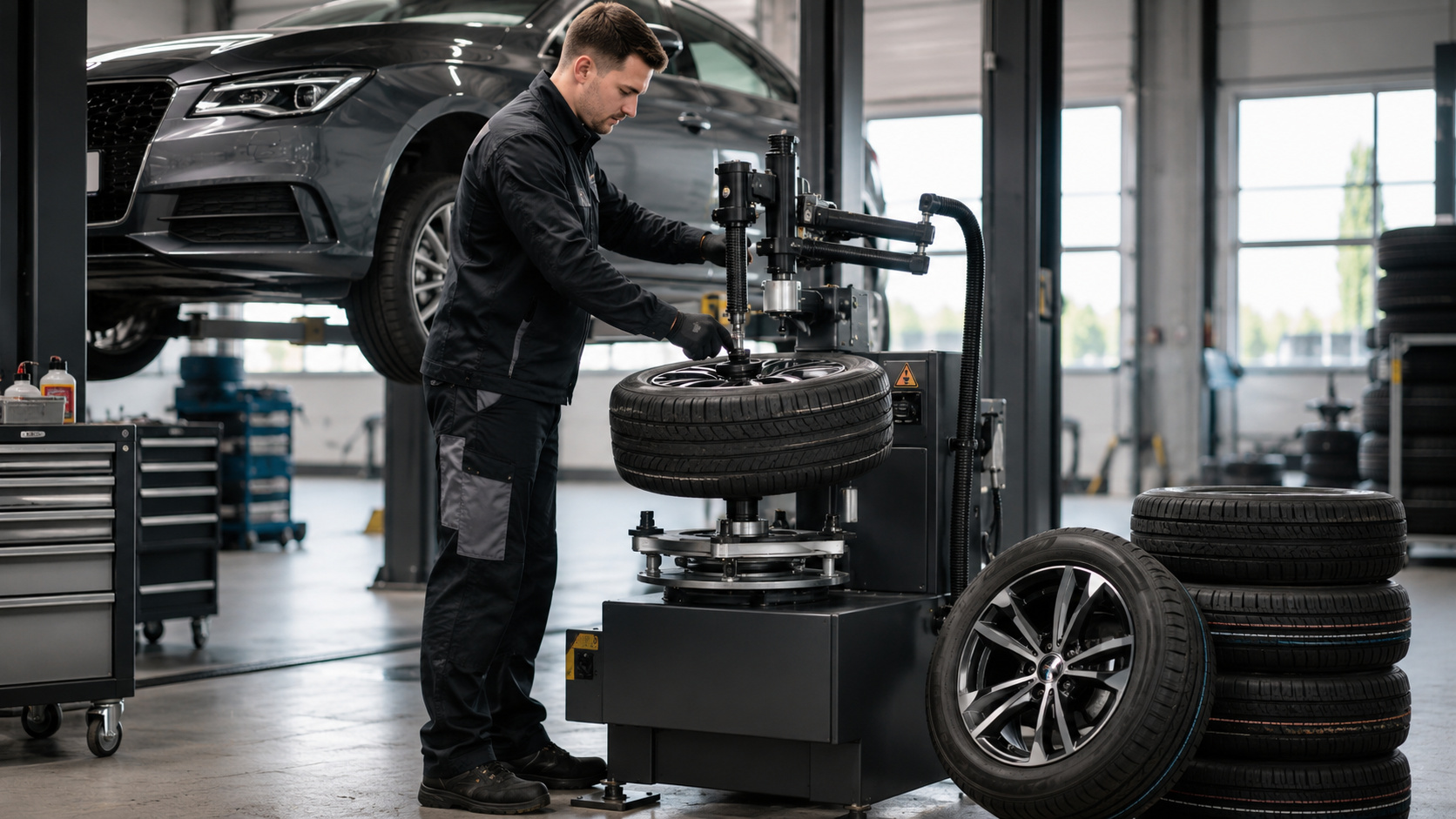 Mechaniker bedient Reifenmontiermaschine in moderner Werkstatt mit Auto auf Hebebühne im Hintergrund