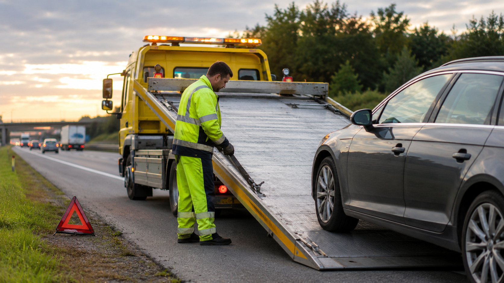 Pannendienstmitarbeiter in Warnschutzkleidung lädt ein Auto auf einen gelben Abschleppwagen an einer Autobahn mit Warnschild auf dem Seitenstreifen