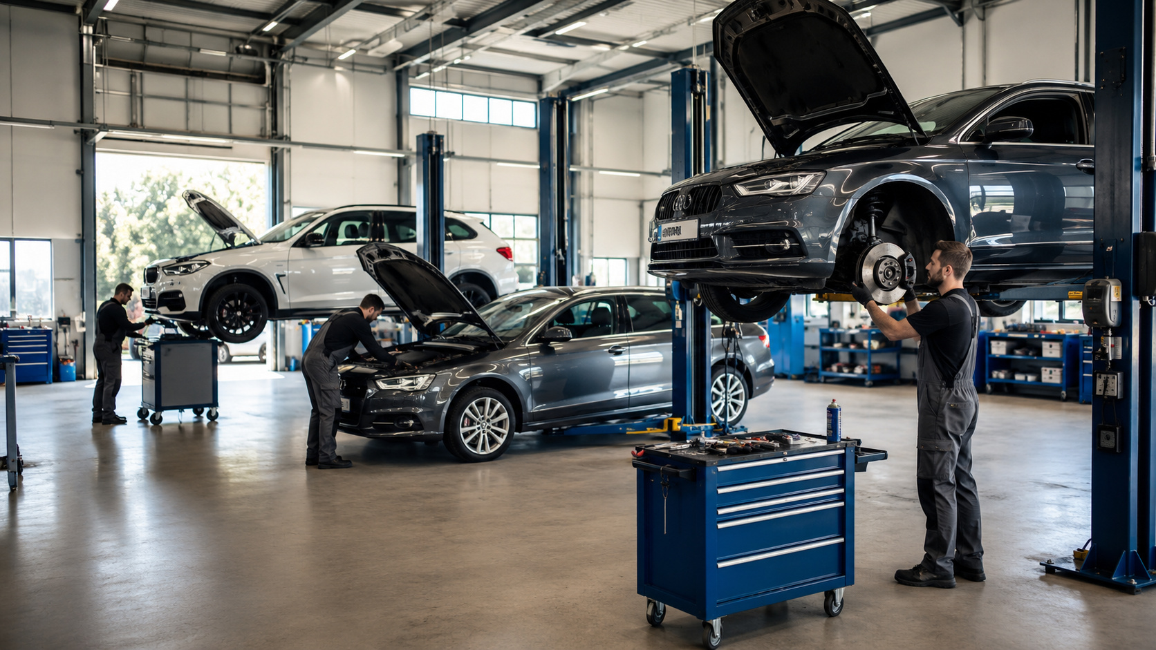 Mehrere Autos in einer hellen Werkstatt, zwei Mechaniker arbeiten an einem Auto auf einer Hebebühne und einem weiteren mit geöffneter Motorhaube